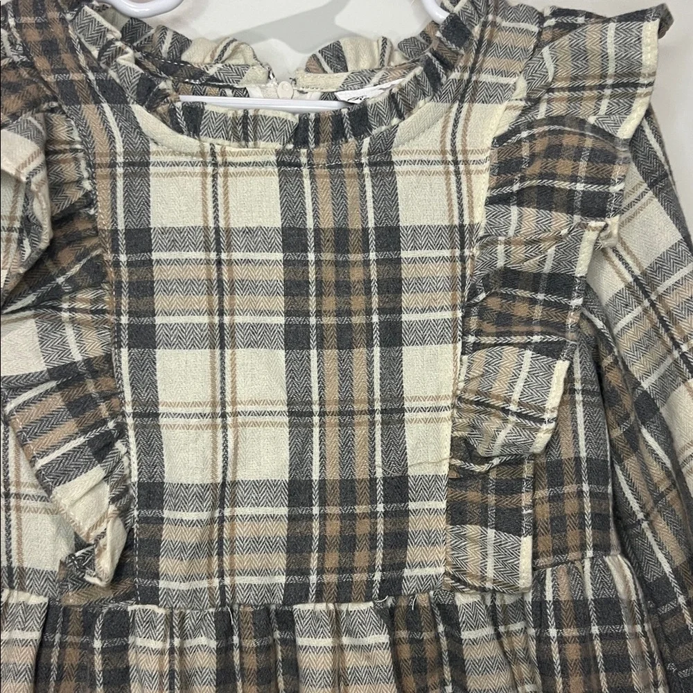 RARE EDITIONS long sleeve dress gray, beige, & tan with ruffles
